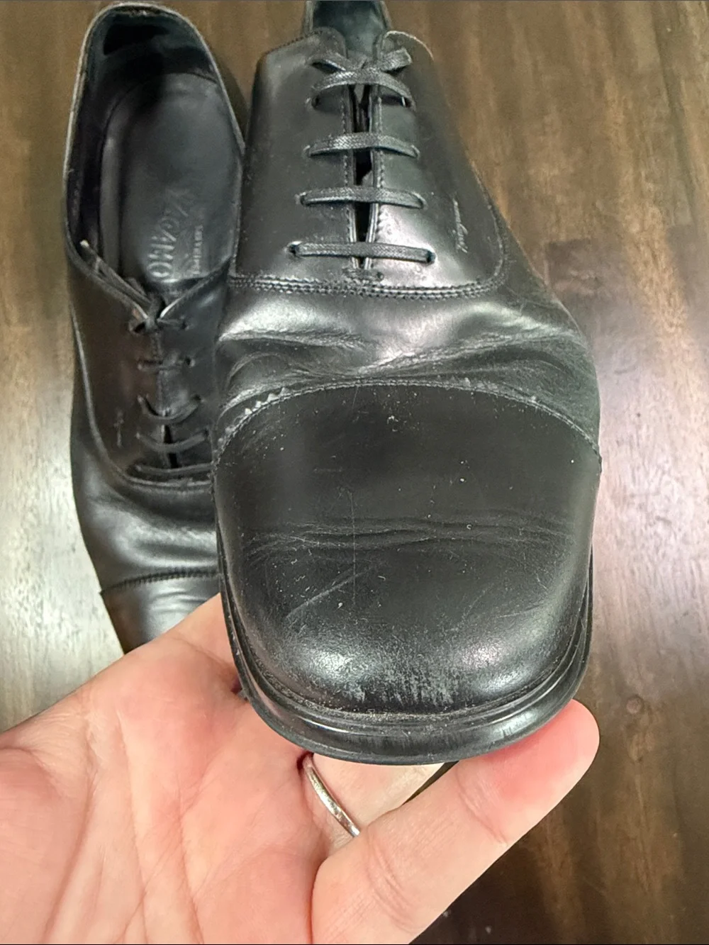 Salvatore Ferragamo Black Leather Cap-Toe Derby Oxfords